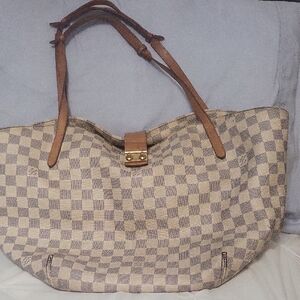 Designer-Style Neutral Check Canvas Tote Bag with Tan Leather Straps